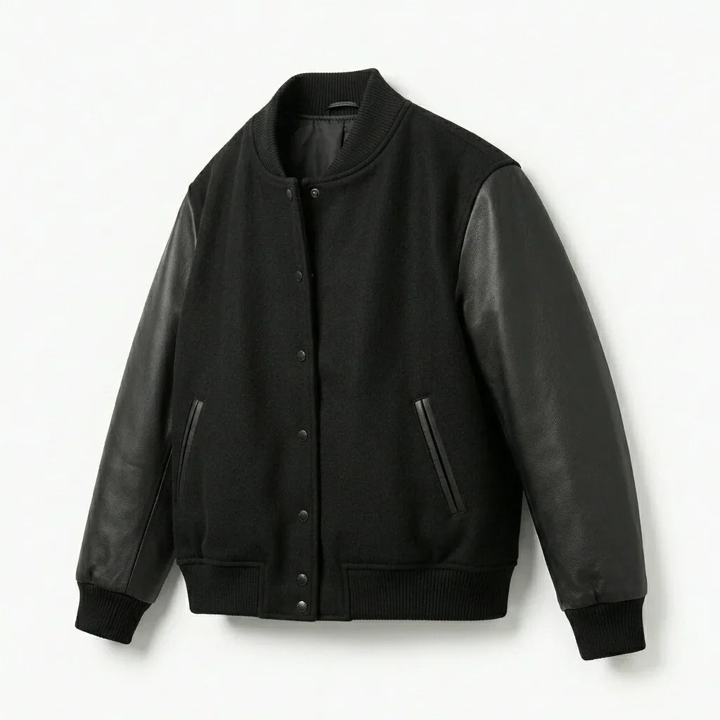 All Black Oversized Varsity Jacket – Minimal Leather Sleeve by DesignMyVarsity