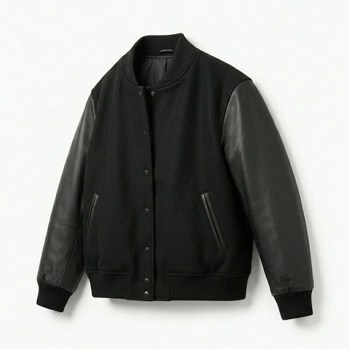 All Black Oversized Varsity Jacket – Minimal Leather Sleeve by DesignMyVarsity