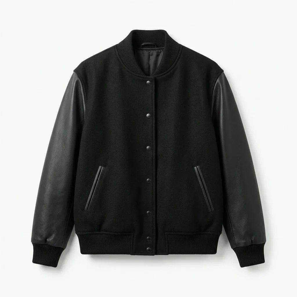 All Black Oversized Varsity Jacket – Minimal Leather Sleeve by DesignMyVarsity