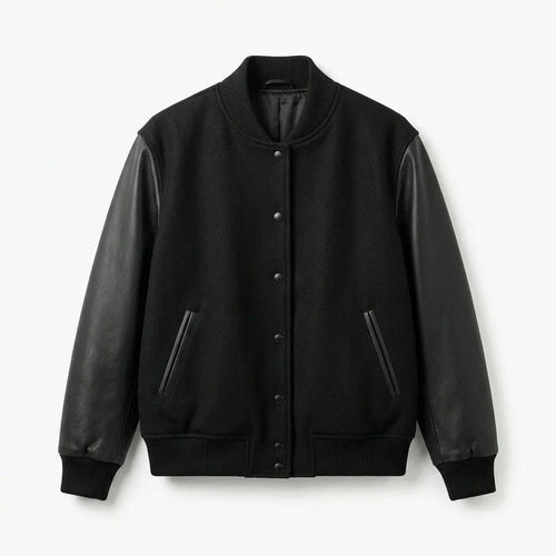 All Black Oversized Varsity Jacket – Minimal Leather Sleeve by DesignMyVarsity