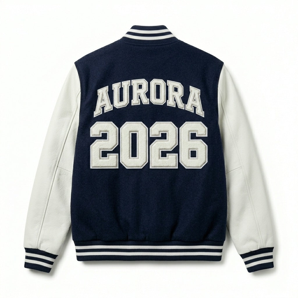 Aurora 2026 Varsity Jacket Navy & White Letterman Jacket by DesignMyVarsity