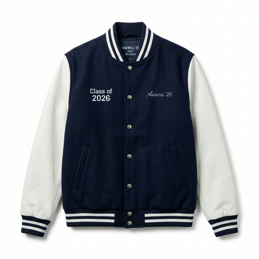 Aurora 2026 Varsity Jacket Navy & White Letterman Jacket by DesignMyVarsity