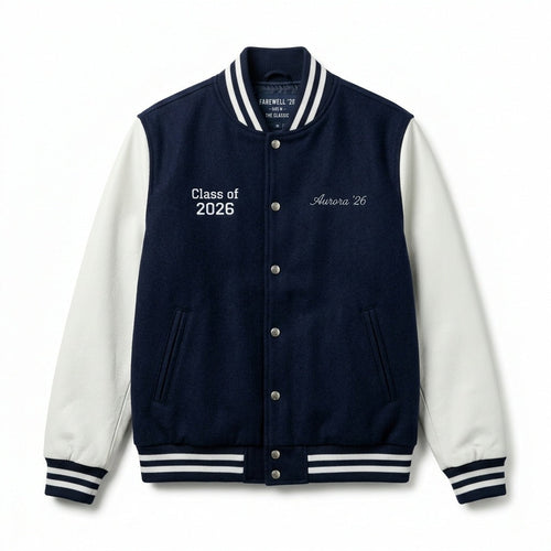 Aurora 2026 Varsity Jacket Navy & White Letterman Jacket by DesignMyVarsity