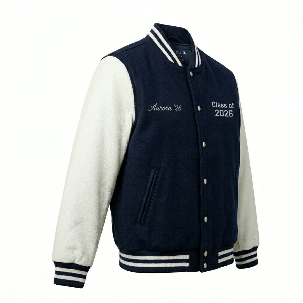 Aurora 2026 Varsity Jacket Navy & White Letterman Jacket by DesignMyVarsity