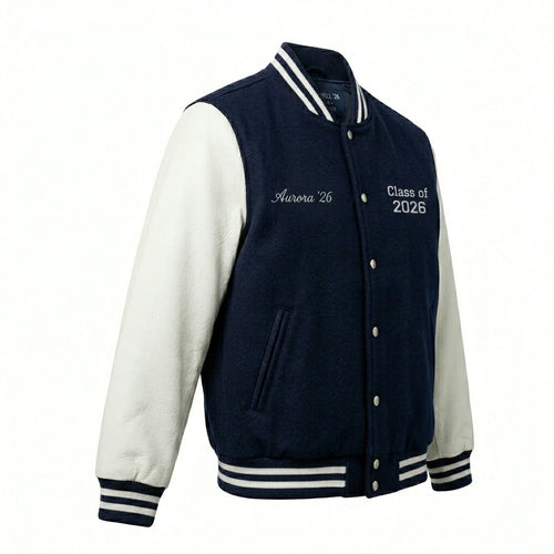 Aurora 2026 Varsity Jacket Navy & White Letterman Jacket by DesignMyVarsity