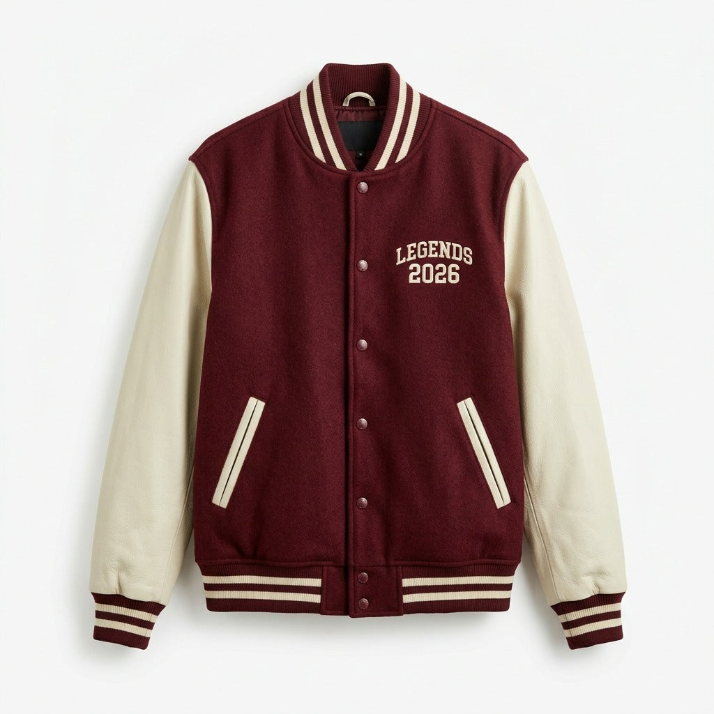 Legends 2026 Varsity Jacket Burgundy & Cream Letterman Jacket by DesignMyVarsity