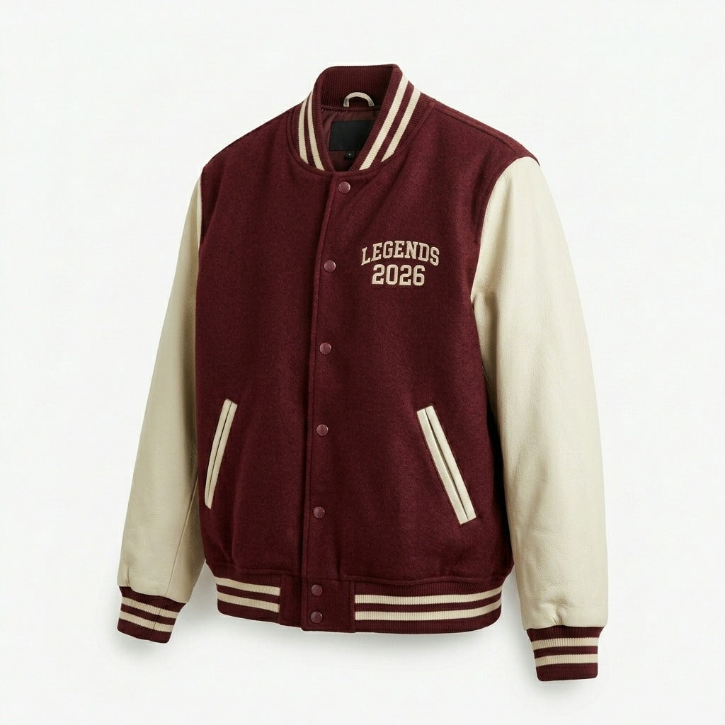 Legends 2026 Varsity Jacket Burgundy & Cream Letterman Jacket by DesignMyVarsity