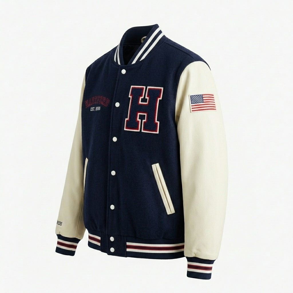 Harriers Hartford Varsity Jacket Navy & Cream Letterman Jacket by DesignMyVarsity
