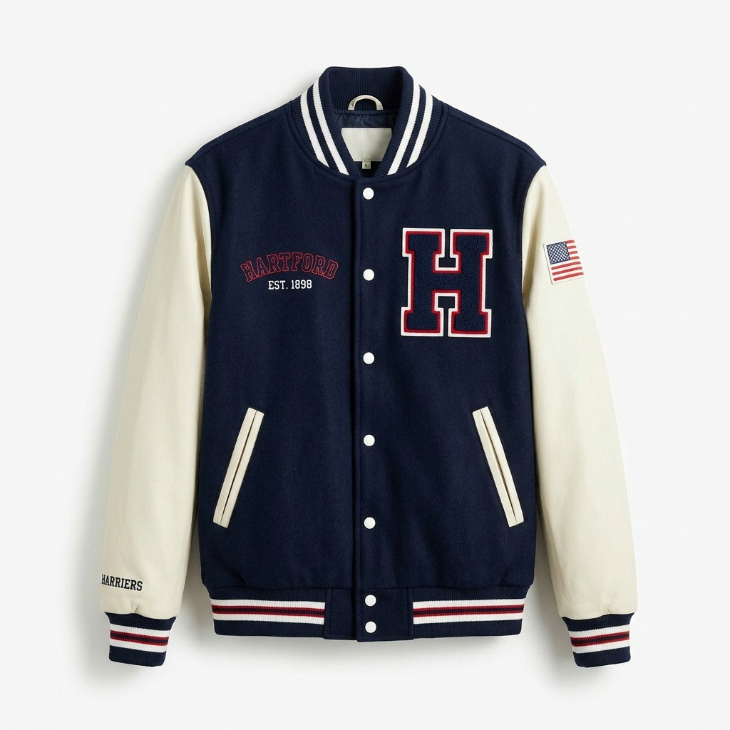 Harriers Hartford Varsity Jacket Navy & Cream Letterman Jacket by DesignMyVarsity