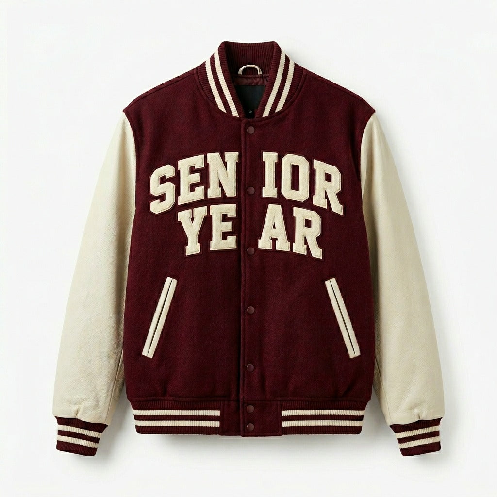 Senior Year Varsity Jacket Burgundy & Cream Letterman Jacket by DesignMyVarsity
