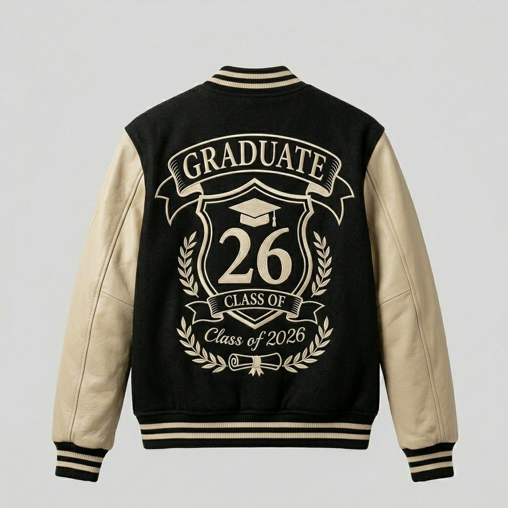 Class of 2026 Graduate Varsity Jacket Black & Cream Letterman Jacket by DesignMyVarsity