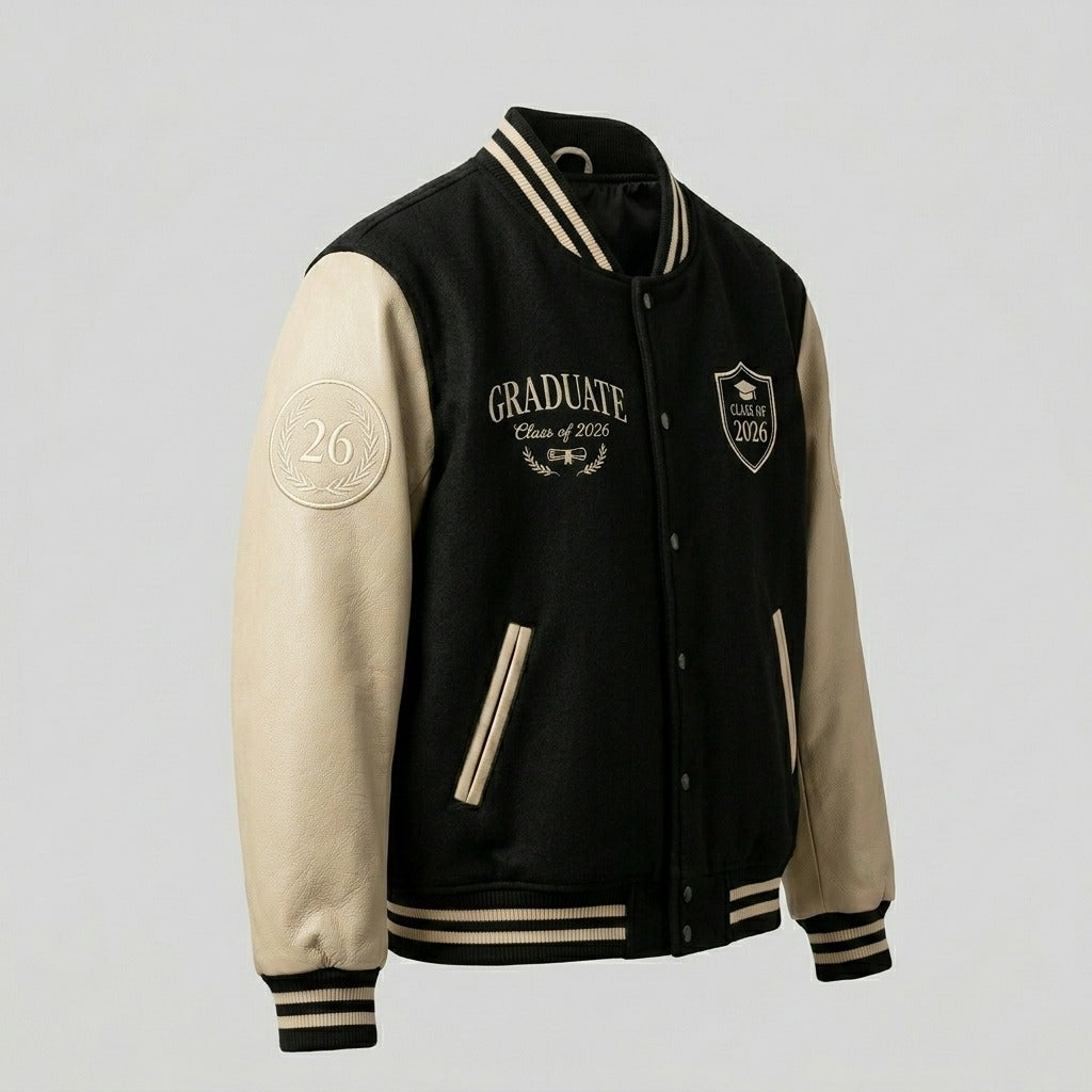 Class of 2026 Graduate Varsity Jacket Black & Cream Letterman Jacket by DesignMyVarsity