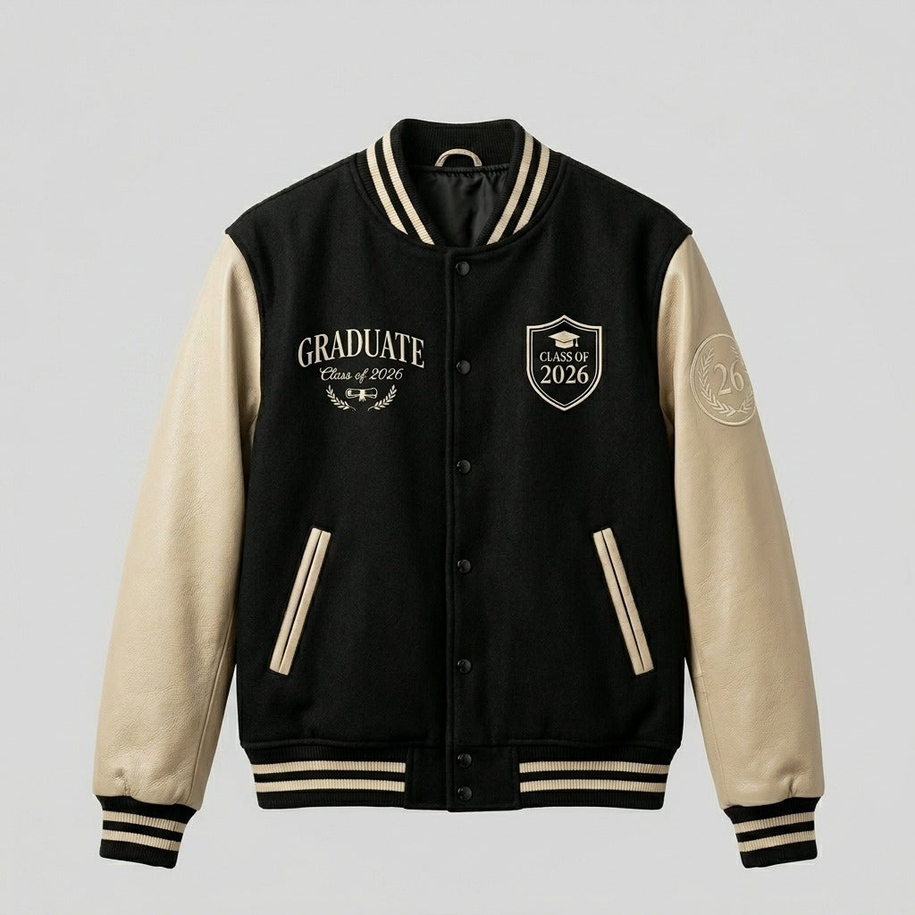 Class of 2026 Graduate Varsity Jacket Black & Cream Letterman Jacket by DesignMyVarsity
