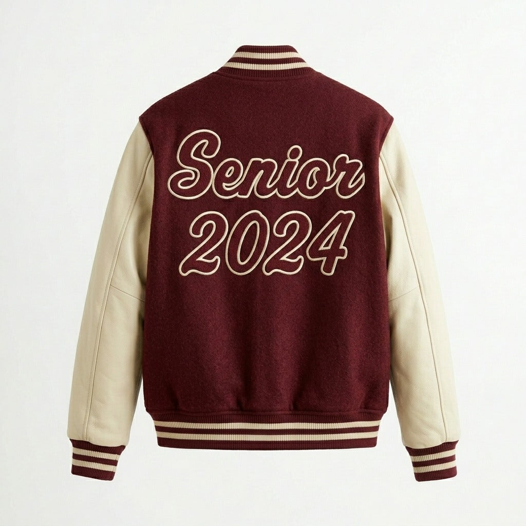 Senior 2024 Varsity Jacket Burgundy & Cream Letterman Jacket by DesignMyVarsity