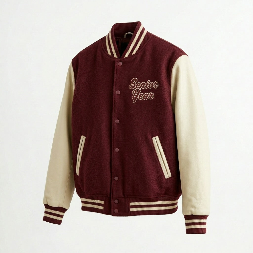 Senior 2024 Varsity Jacket Burgundy & Cream Letterman Jacket by DesignMyVarsity