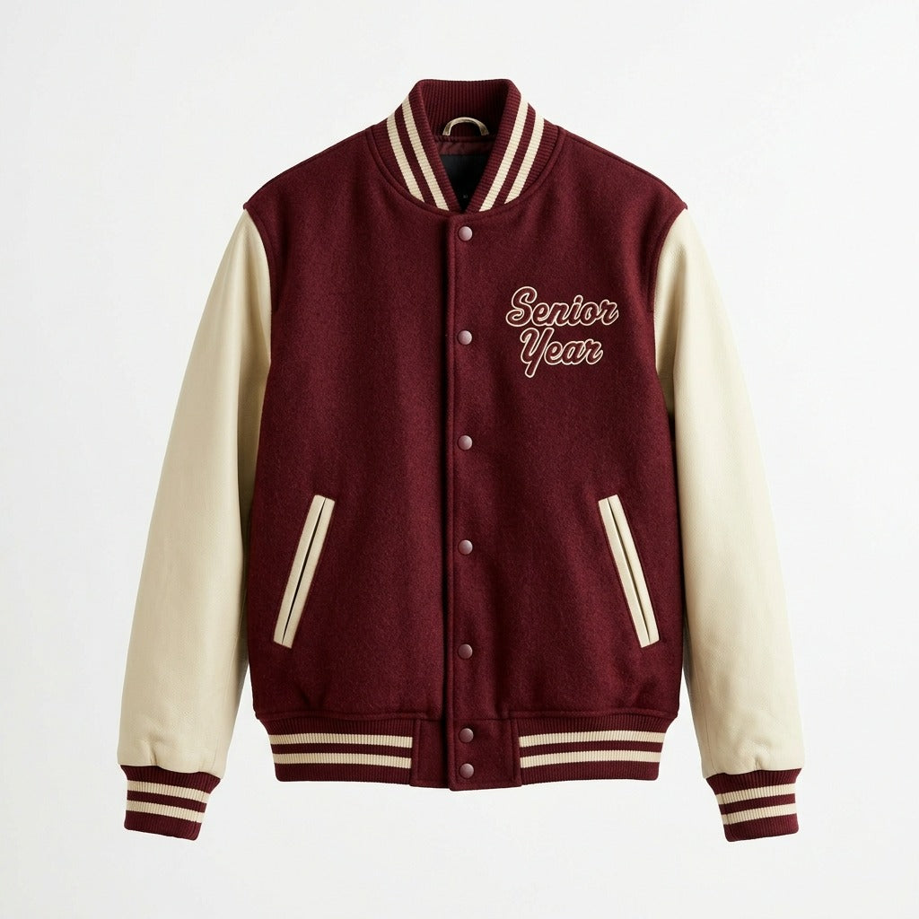 Senior 2024 Varsity Jacket Burgundy & Cream Letterman Jacket by DesignMyVarsity