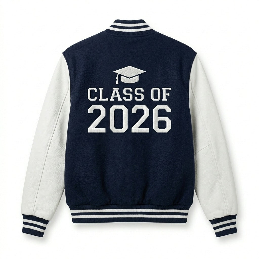 Class of 2026 Varsity Jacket Navy & White Letterman Jacket by DesignMyVarsity