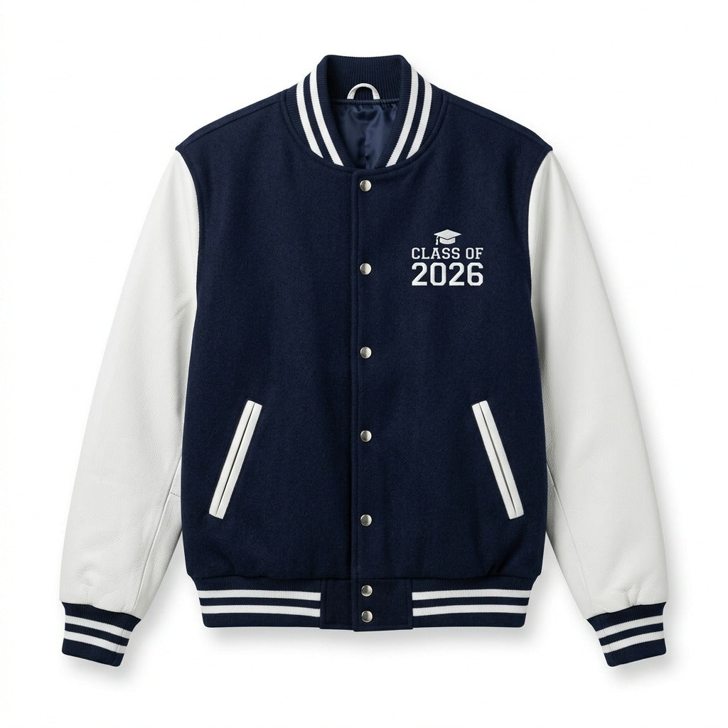 Class of 2026 Varsity Jacket Navy & White Letterman Jacket by DesignMyVarsity