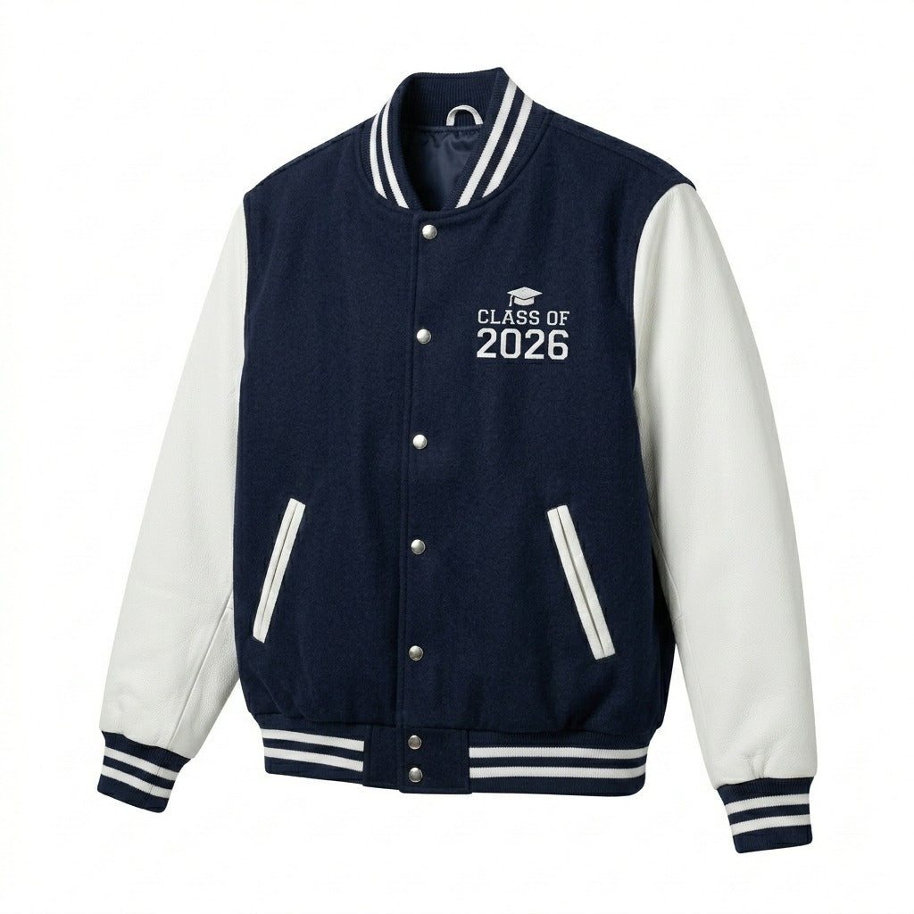 Class of 2026 Varsity Jacket Navy & White Letterman Jacket by DesignMyVarsity