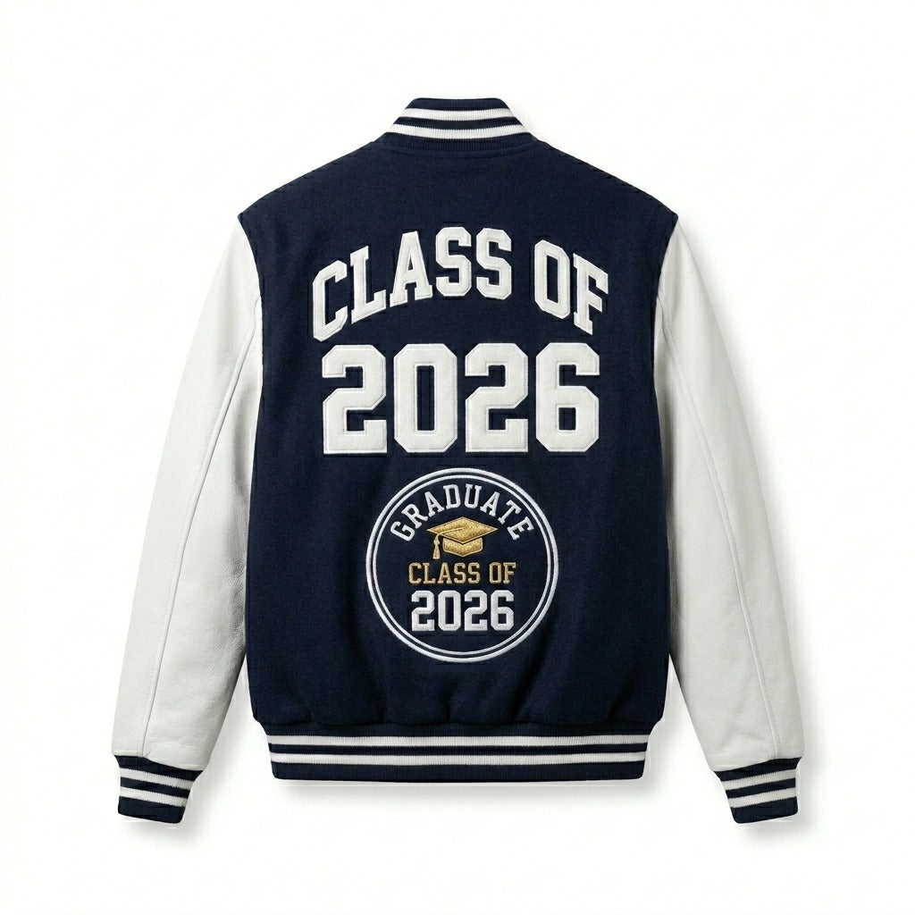 Class of 2026 Graduate Varsity Jacket Navy & White Letterman Jacket by DesignMyVarsity