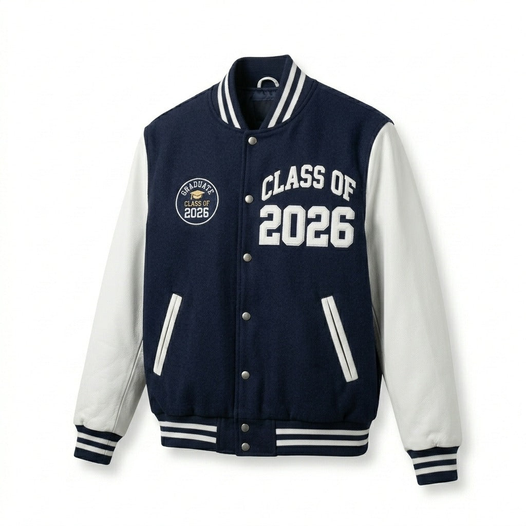 Class of 2026 Graduate Varsity Jacket Navy & White Letterman Jacket by DesignMyVarsity