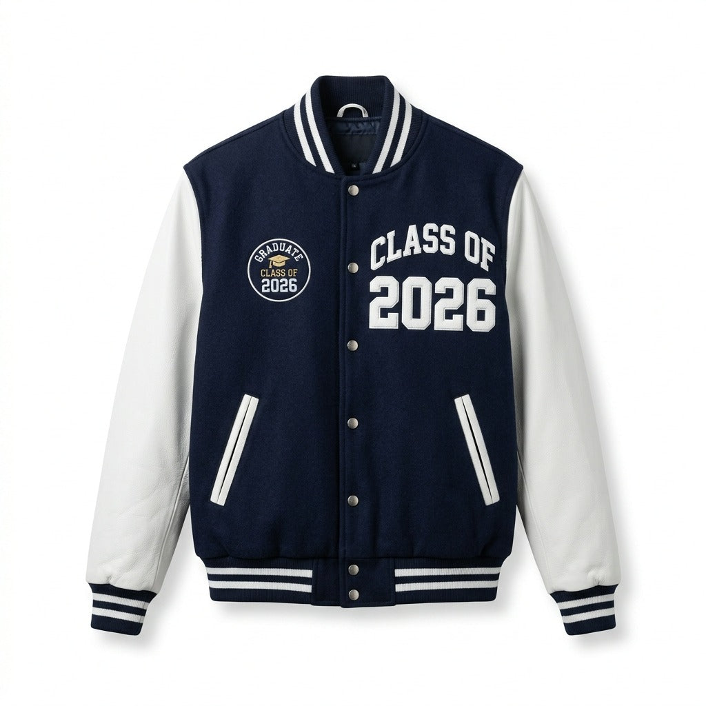 Class of 2026 Graduate Varsity Jacket Navy & White Letterman Jacket by DesignMyVarsity