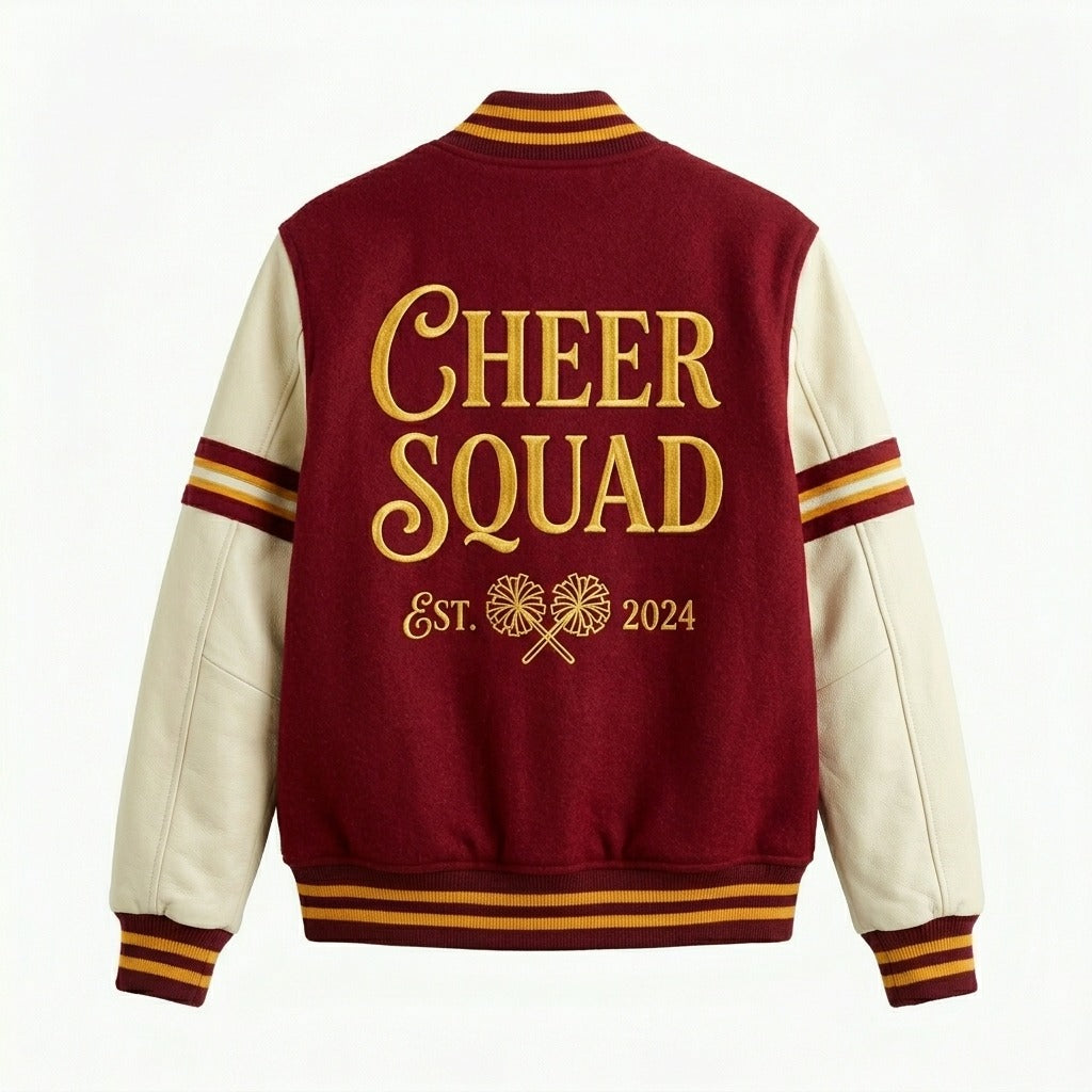 Cheer Squad Varsity Jacket Maroon & Cream Letterman Jacket by DesignMyVarsity