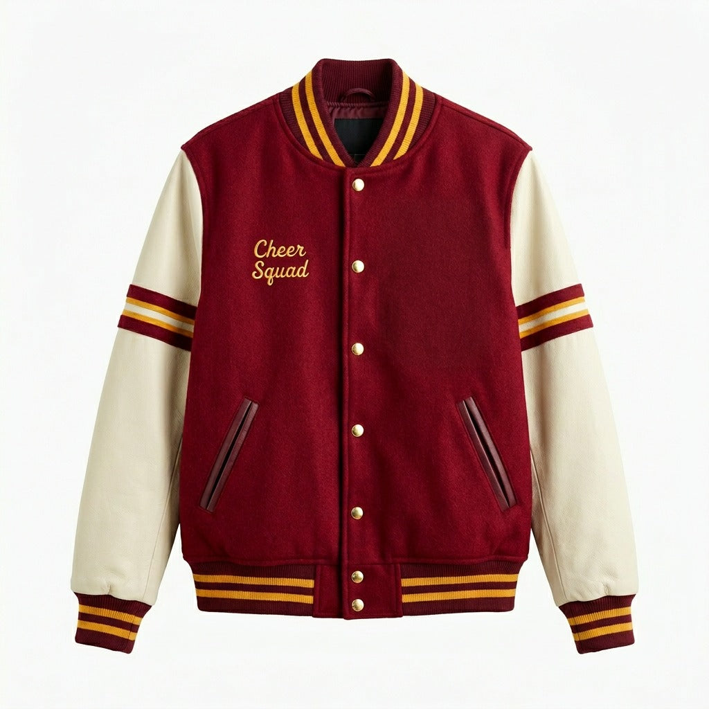 Cheer Squad Varsity Jacket Maroon & Cream Letterman Jacket by DesignMyVarsity