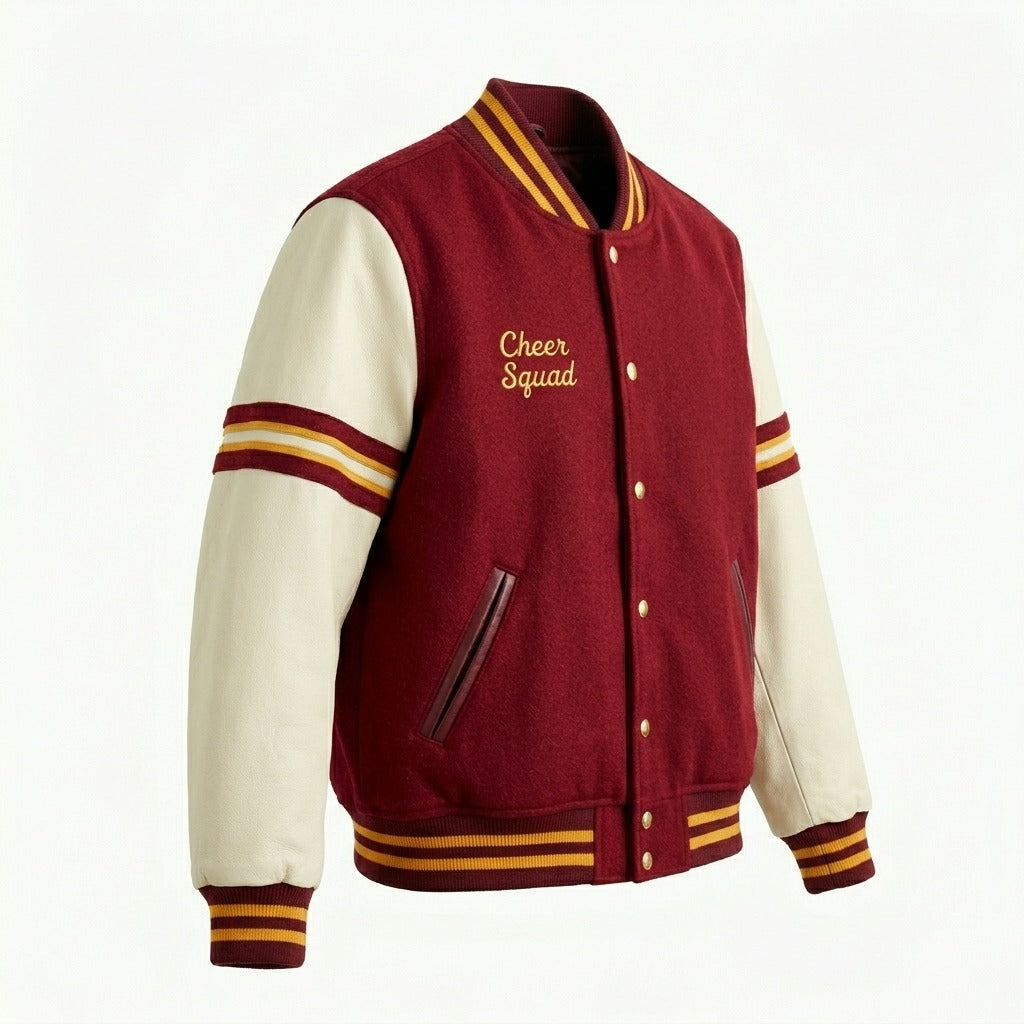 Cheer Squad Varsity Jacket Maroon & Cream Letterman Jacket by DesignMyVarsity