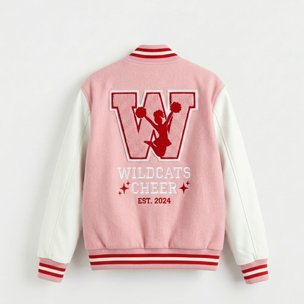 Wildcats Cheer Varsity Jacket Pink & White Letterman Jacket by DesignMyVarsity