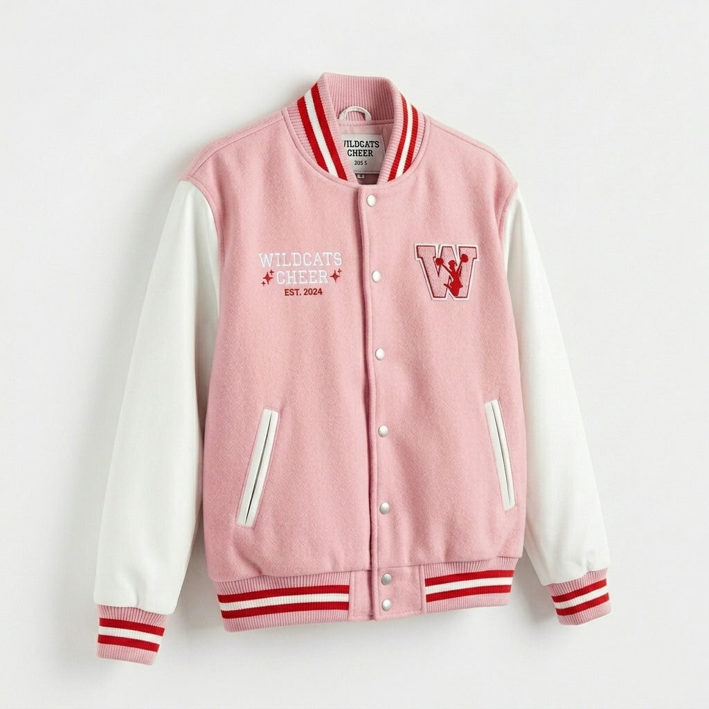 Wildcats Cheer Varsity Jacket Pink & White Letterman Jacket by DesignMyVarsity