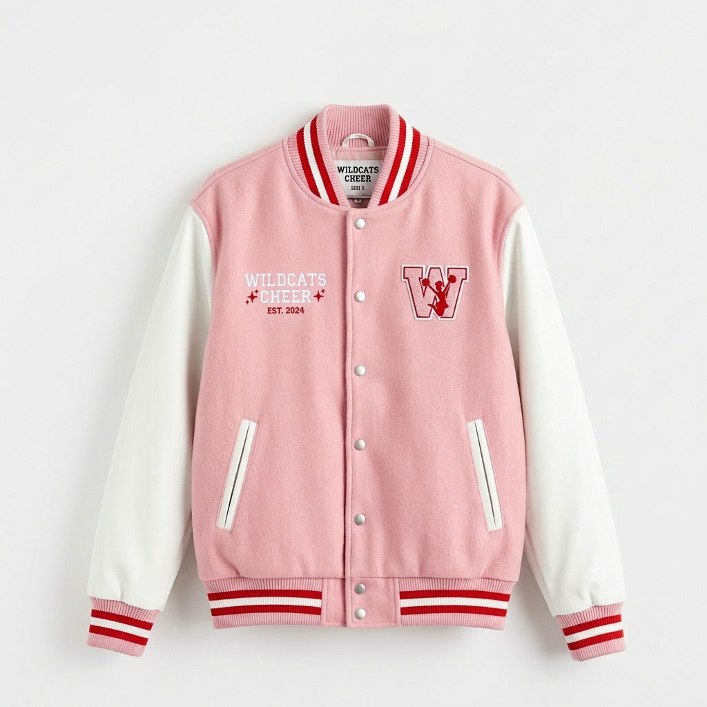 Wildcats Cheer Varsity Jacket Pink & White Letterman Jacket by DesignMyVarsity