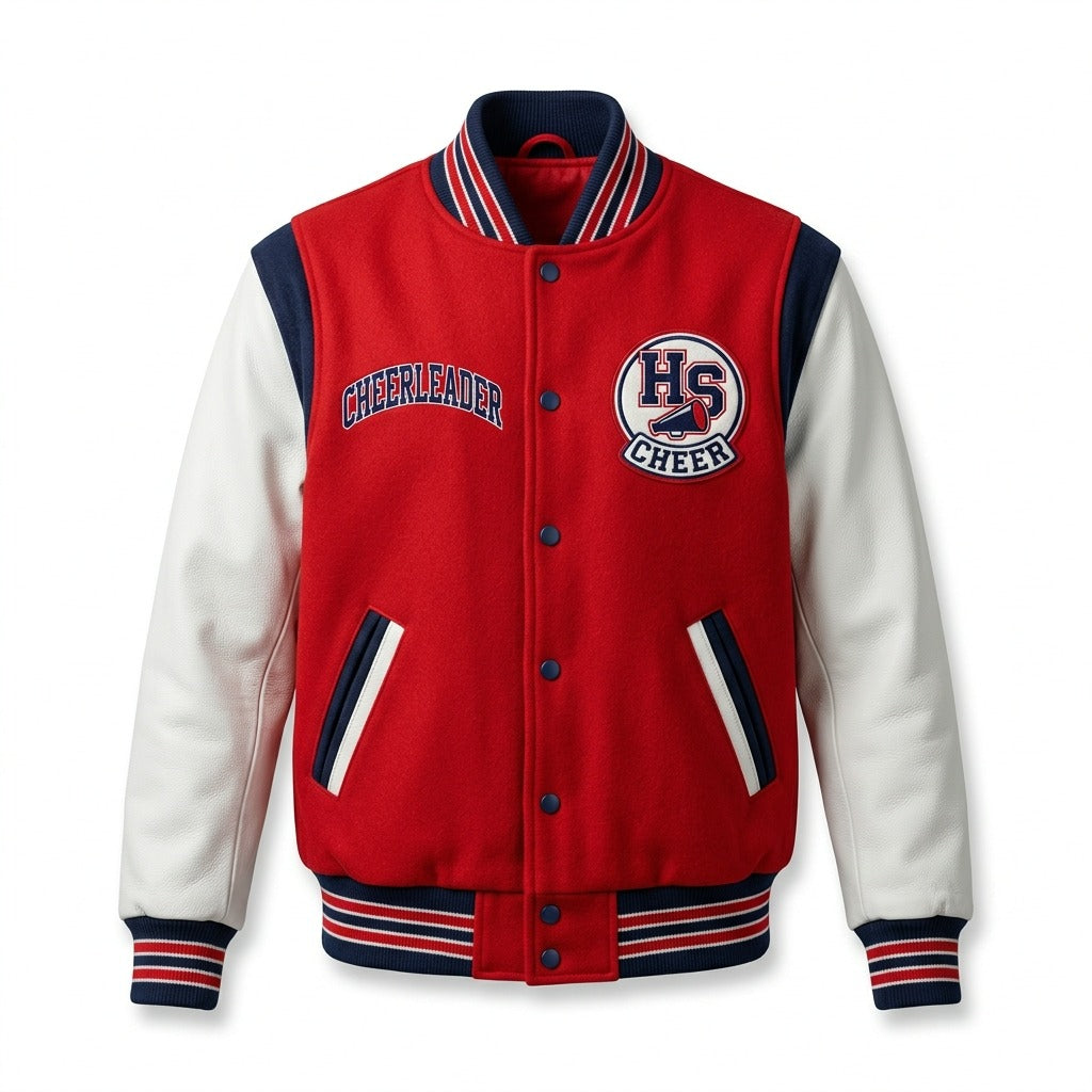 Cheerleader High School Varsity Jacket Red & White Letterman Jacket by DesignMyVarsity