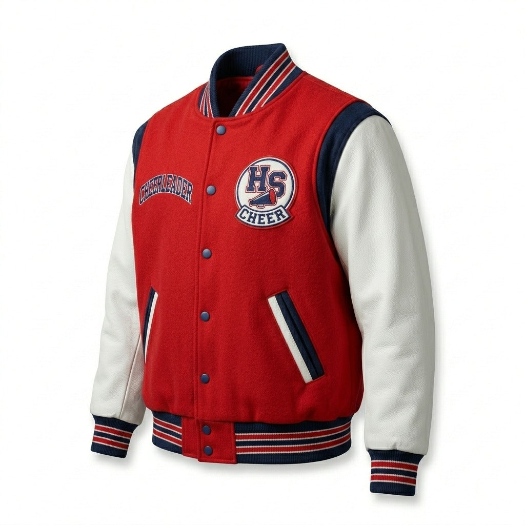 Cheerleader High School Varsity Jacket Red & White Letterman Jacket by DesignMyVarsity
