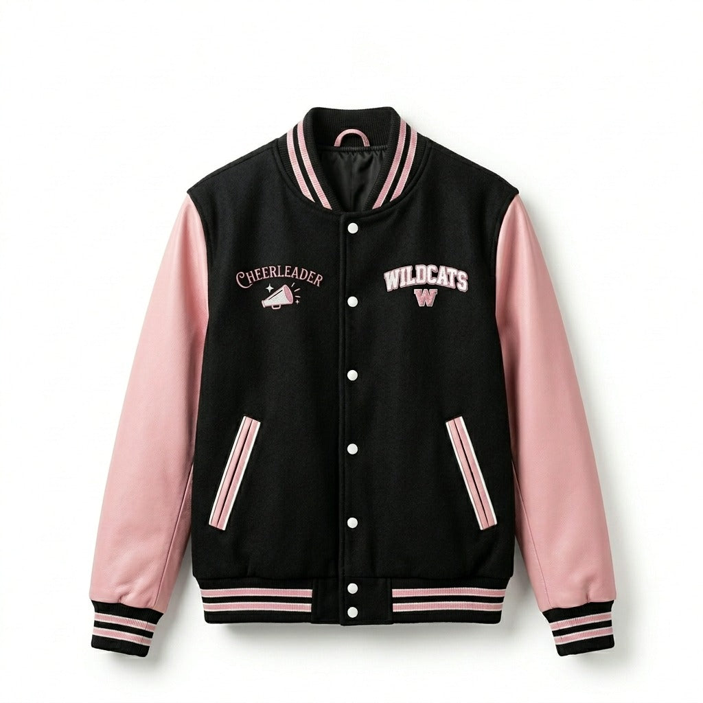 Wildcats Cheerleader Varsity Jacket Black & Pink Letterman Jacket by DesignMyVarsity
