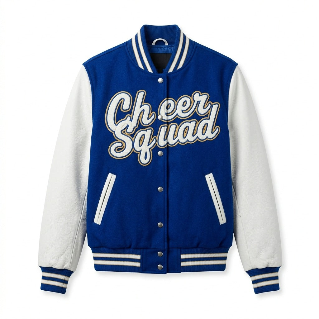 Cheer Squad Varsity Jacket Blue & White Letterman Jacket by DesignMyVarsity