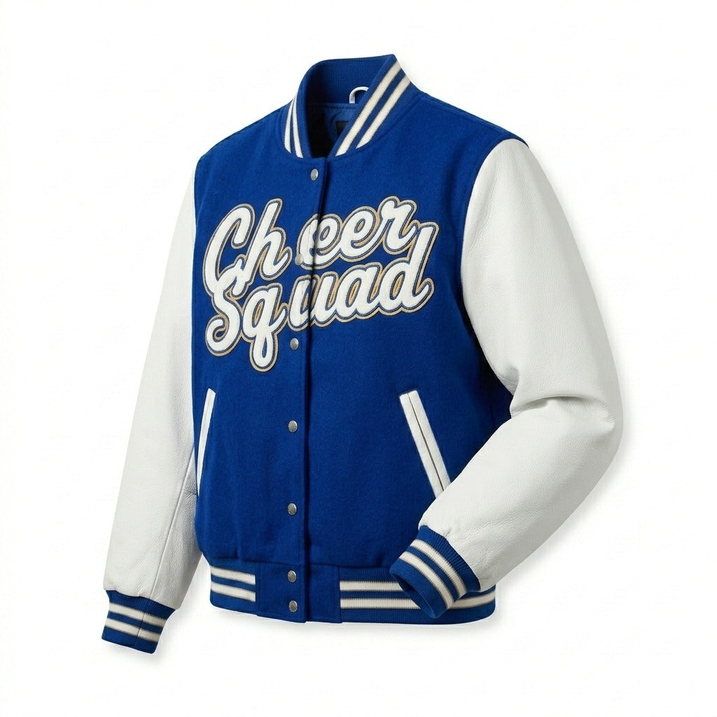 Cheer Squad Varsity Jacket Blue & White Letterman Jacket by DesignMyVarsity