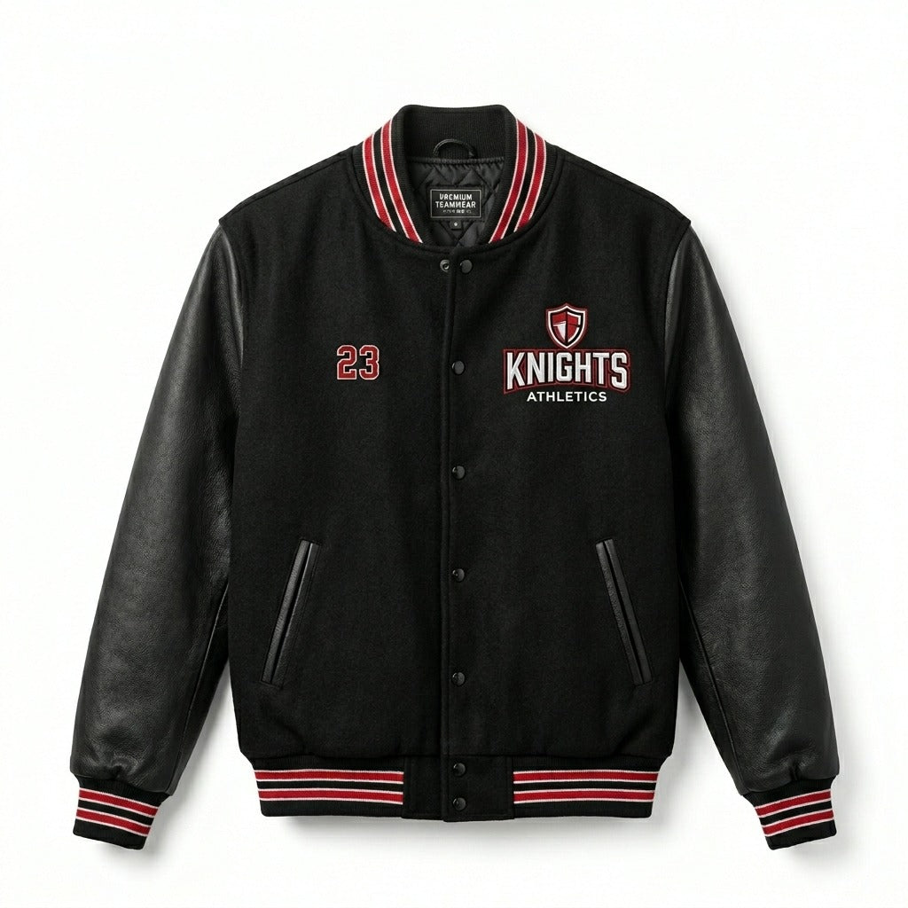 Knights Athletics Varsity Jacket Black & Leather Letterman Jacket by DesignMyVarsity