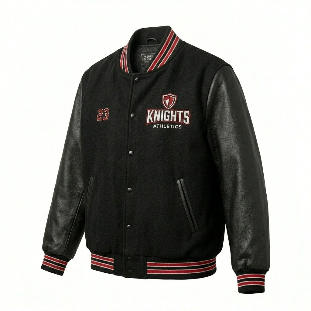 Knights Athletics Varsity Jacket Black & Leather Letterman Jacket by DesignMyVarsity