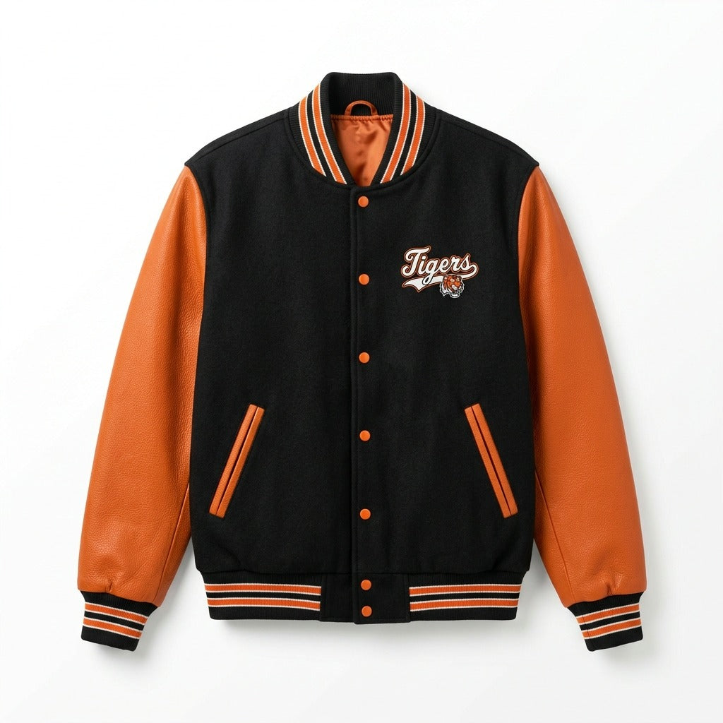 Tigers Varsity Jacket Black & Orange Letterman with Tiger Emblem by DesignMyVarsity