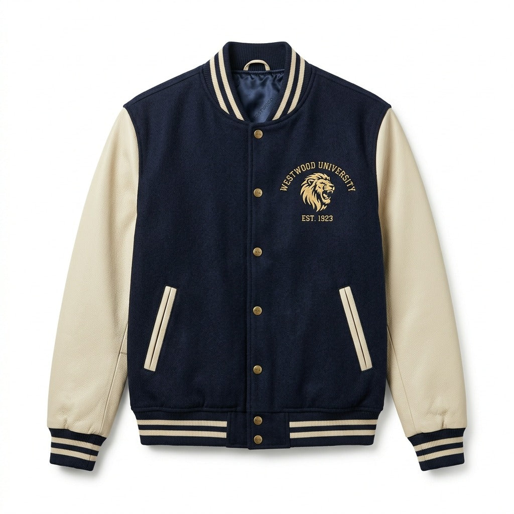 Westwood University Varsity Jacket Navy & Cream Letterman Jacket by DesignMyVarsity