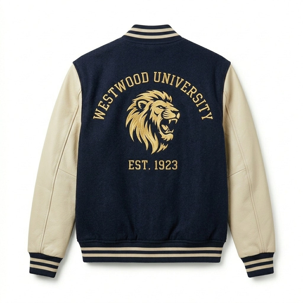 Westwood University Varsity Jacket Navy & Cream Letterman Jacket by DesignMyVarsity