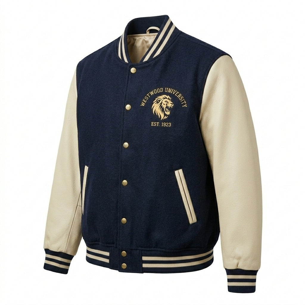 Westwood University Varsity Jacket Navy & Cream Letterman Jacket by DesignMyVarsity