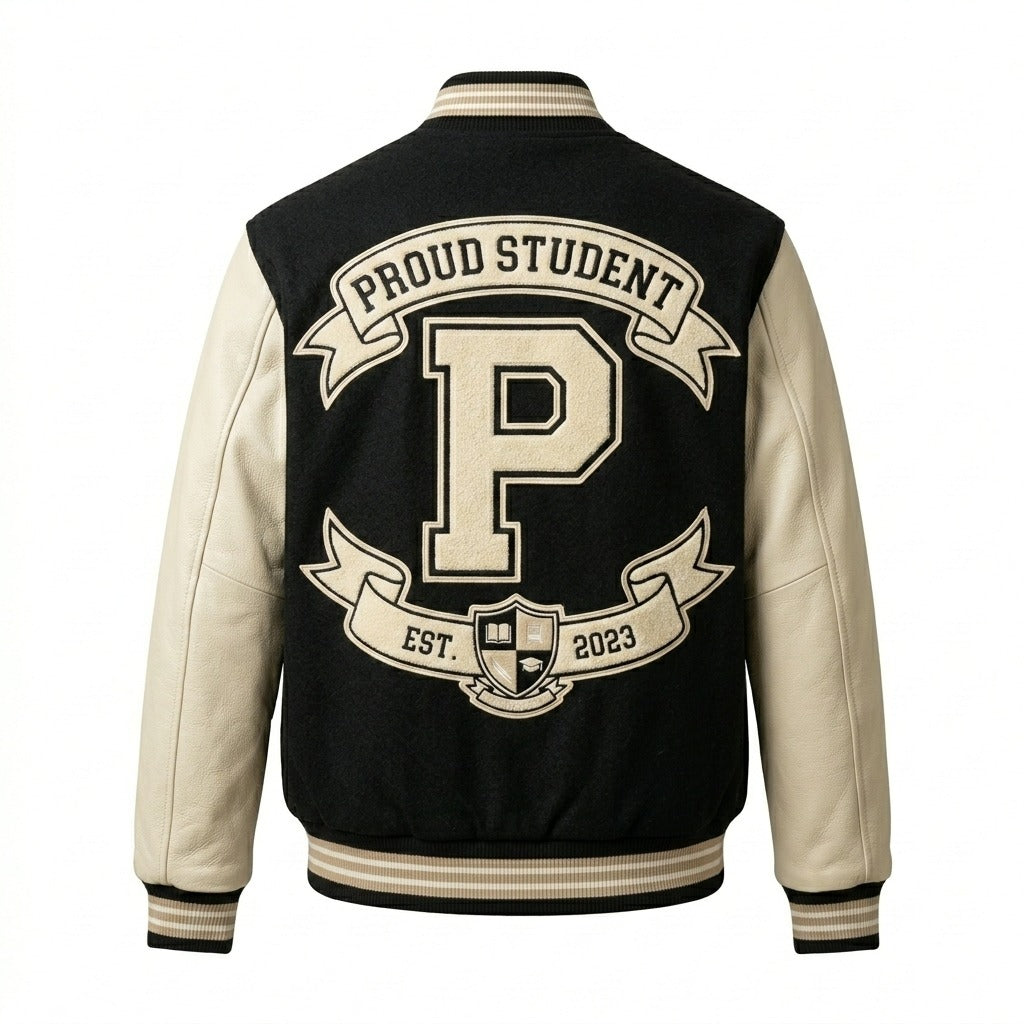 Proud Student Varsity Jacket Black & Cream Letterman Jacket by DesignMyVarsity
