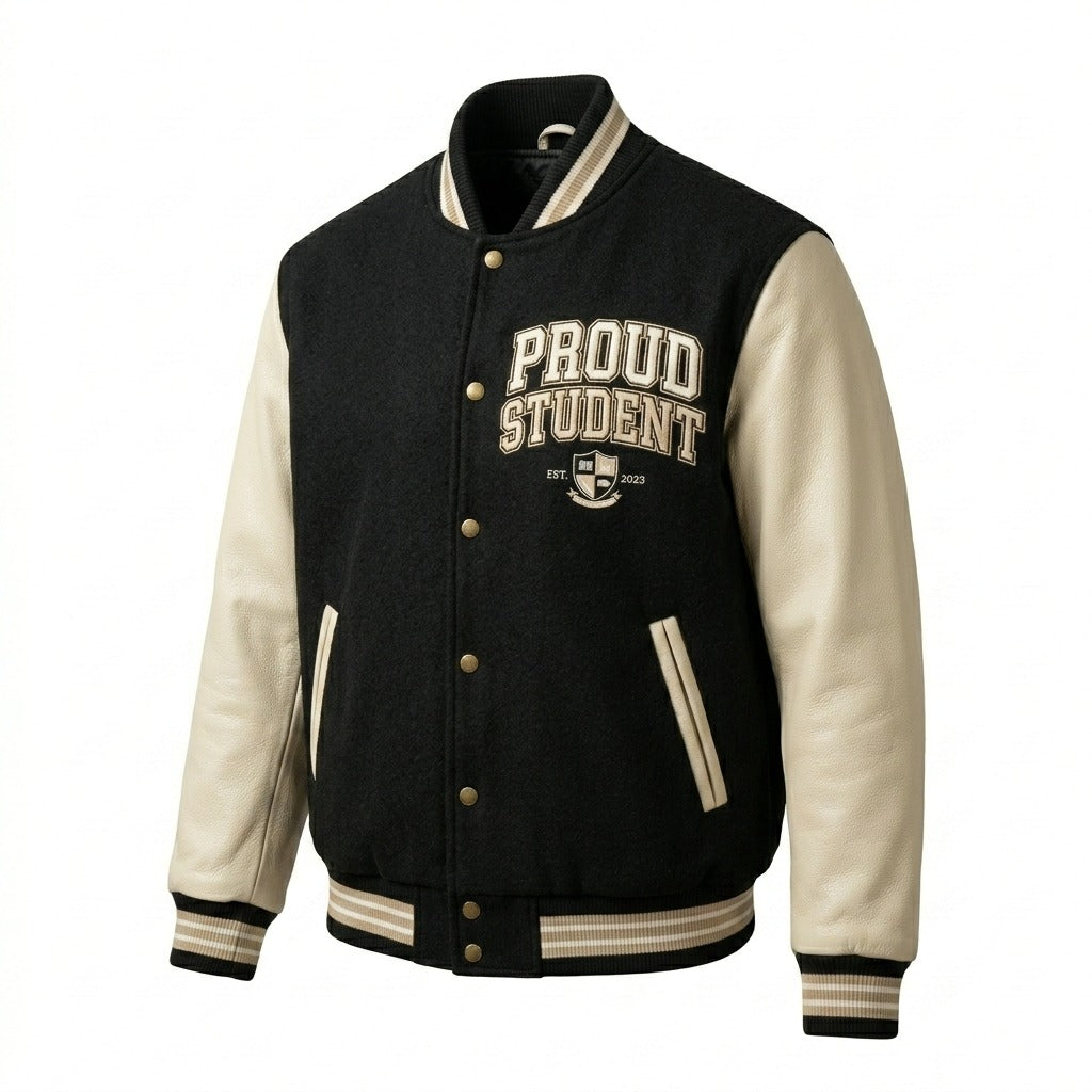 Proud Student Varsity Jacket Black & Cream Letterman Jacket by DesignMyVarsity