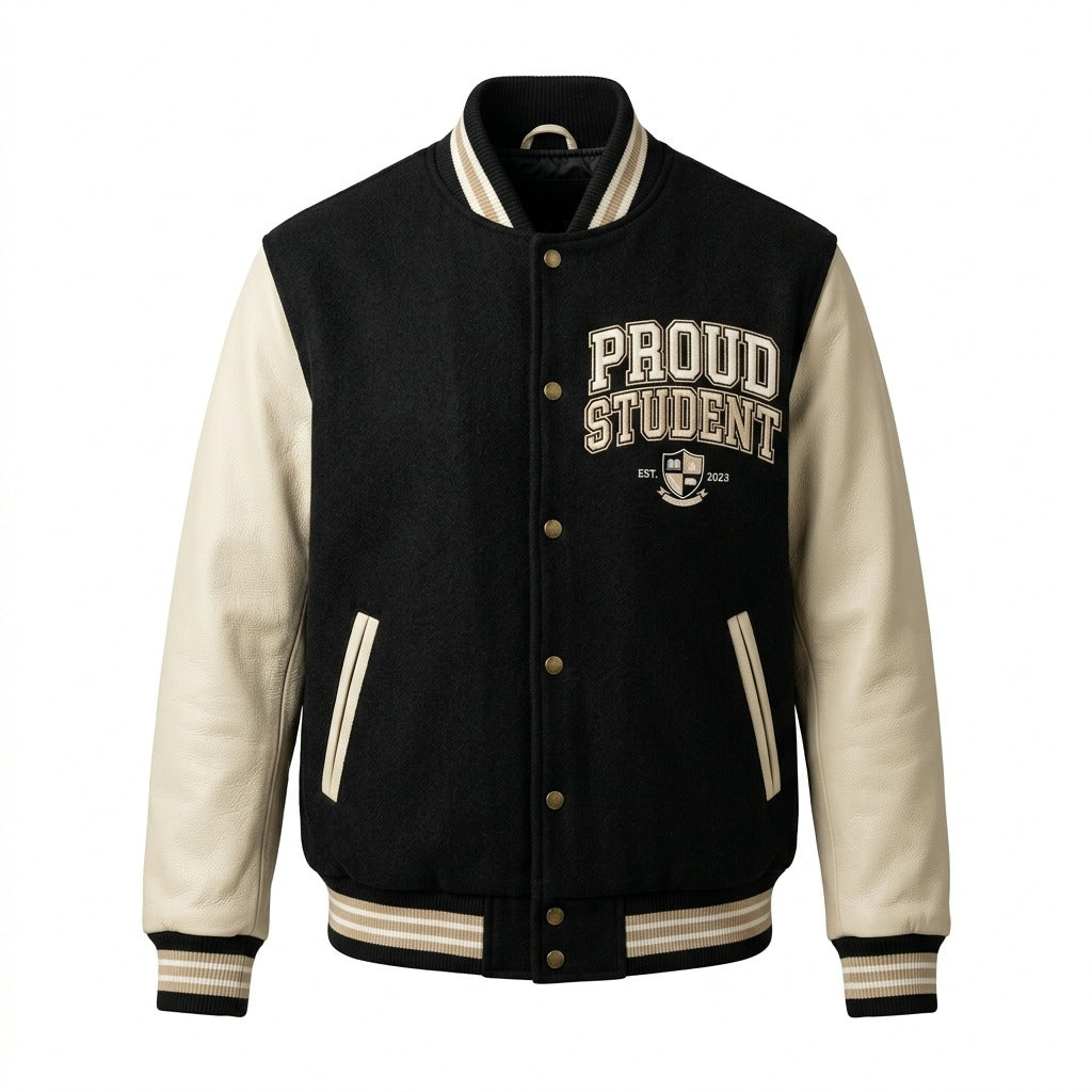 Proud Student Varsity Jacket Black & Cream Letterman Jacket by DesignMyVarsity