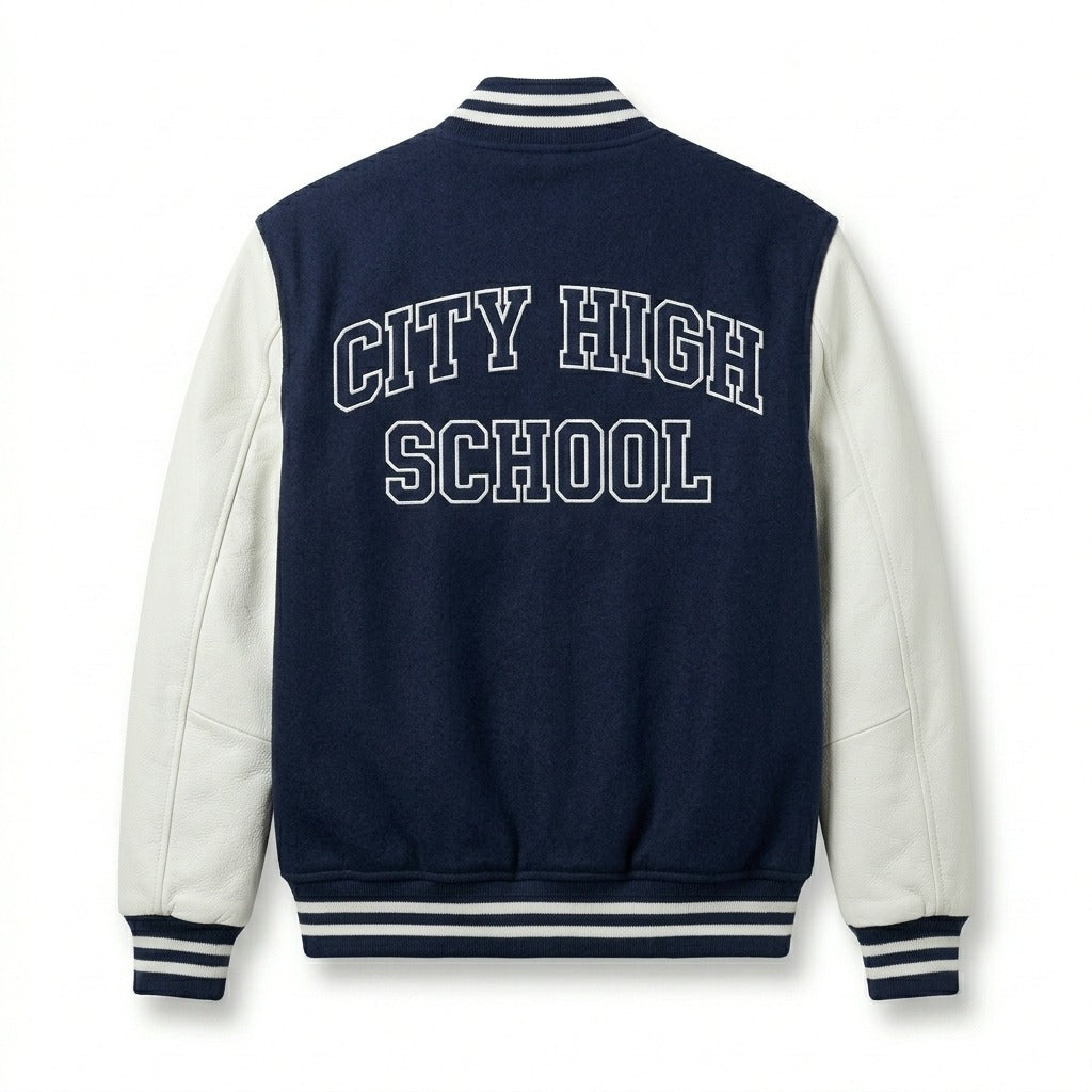 City High School Varsity Jacket Navy & White Letterman Jacket by DesignMyVarsity