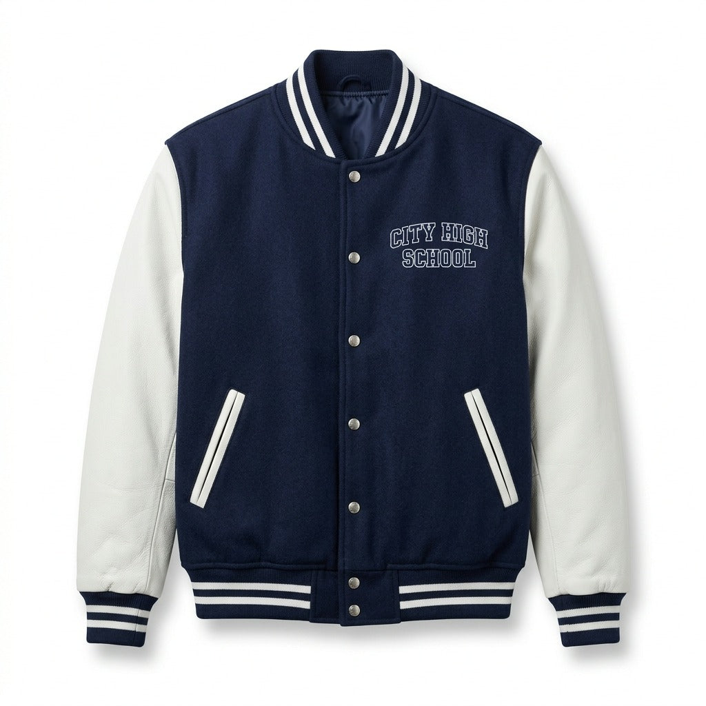 City High School Varsity Jacket Navy & White Letterman Jacket by DesignMyVarsity