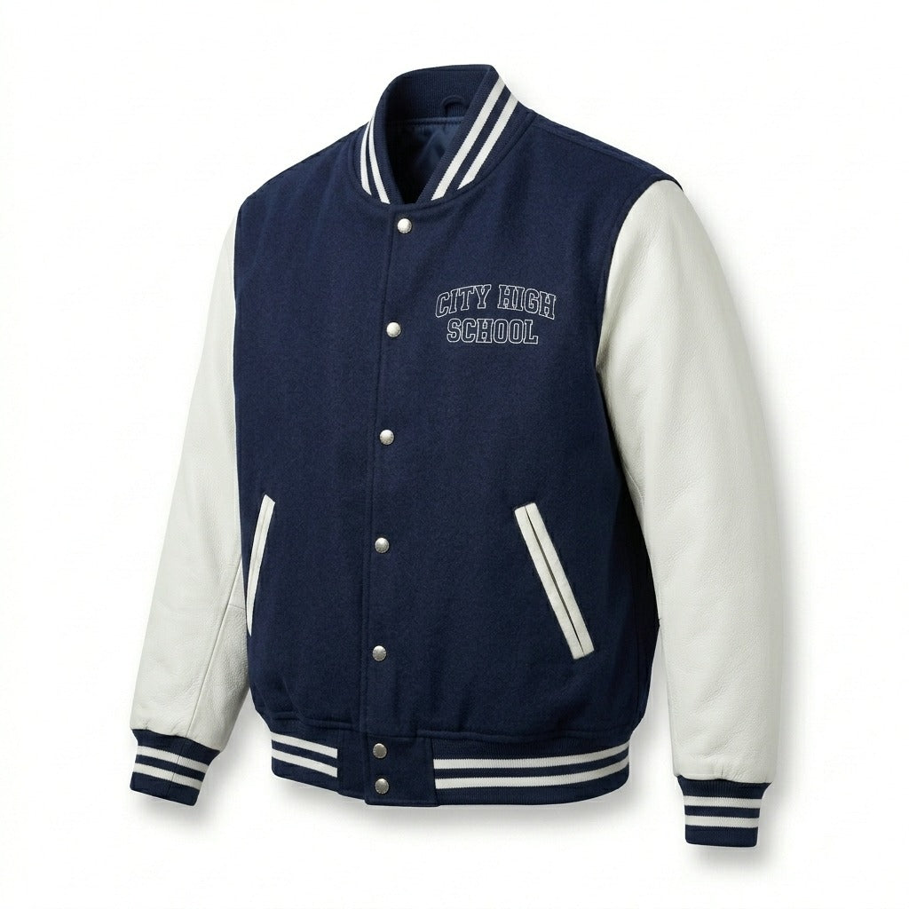 City High School Varsity Jacket Navy & White Letterman Jacket by DesignMyVarsity