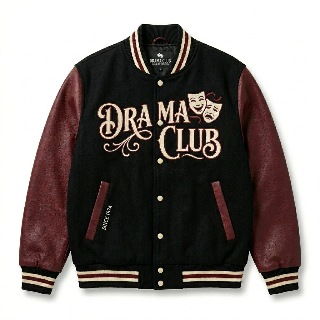 Drama Club Varsity Jacket Black & Burgundy Letterman Jacket by DesignMyVarsity